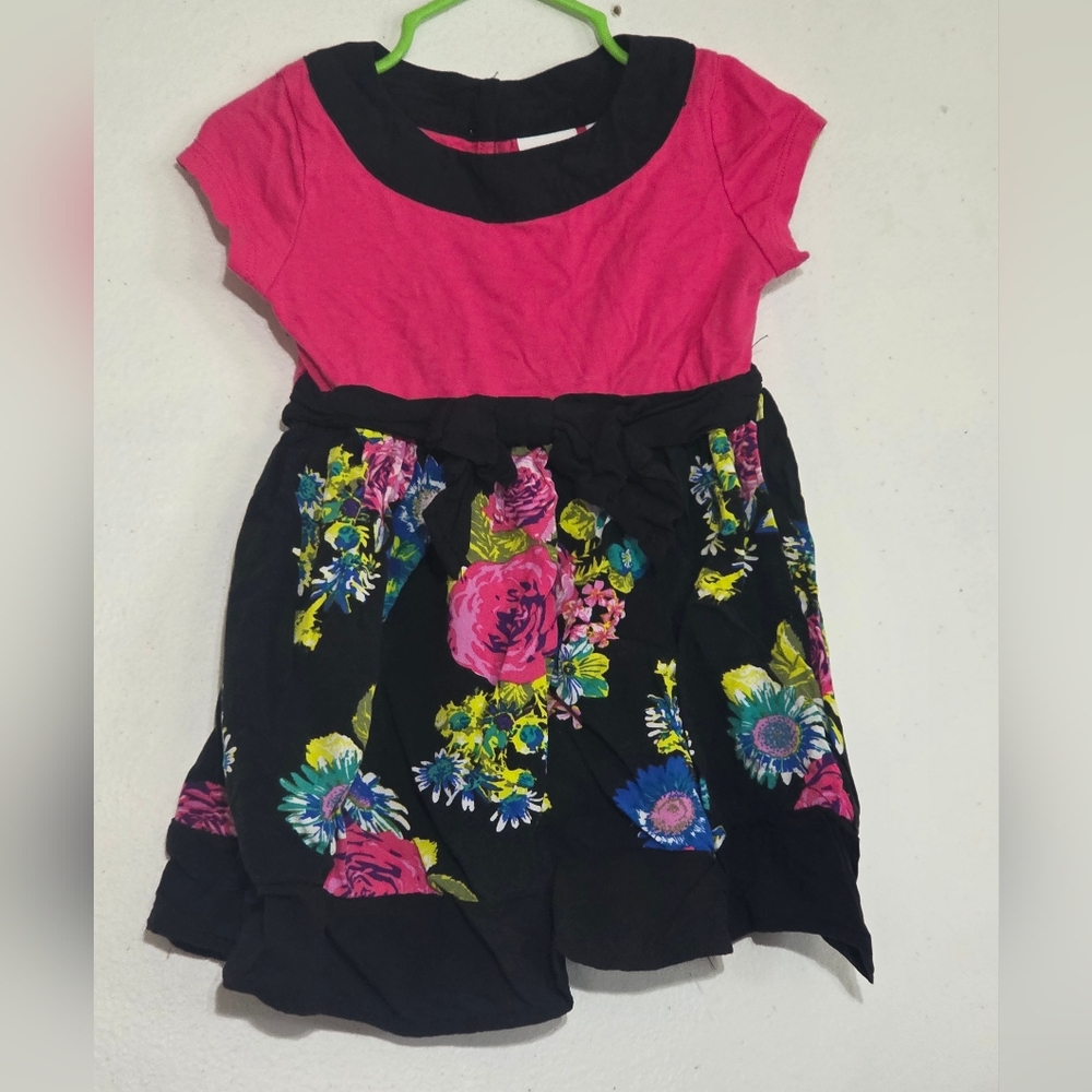 Vibrant Pink and Black Floral Kids Dress (0196)